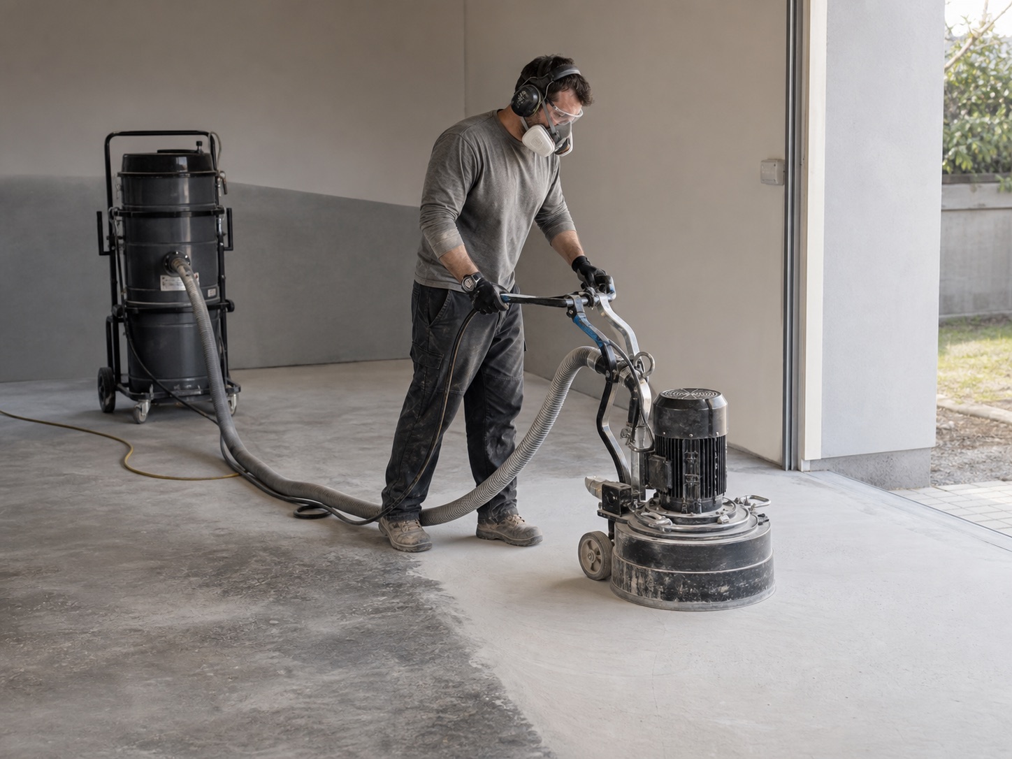 Installer using a connected grinder and dust extractor on a residential concrete slab while wearing protective equipment