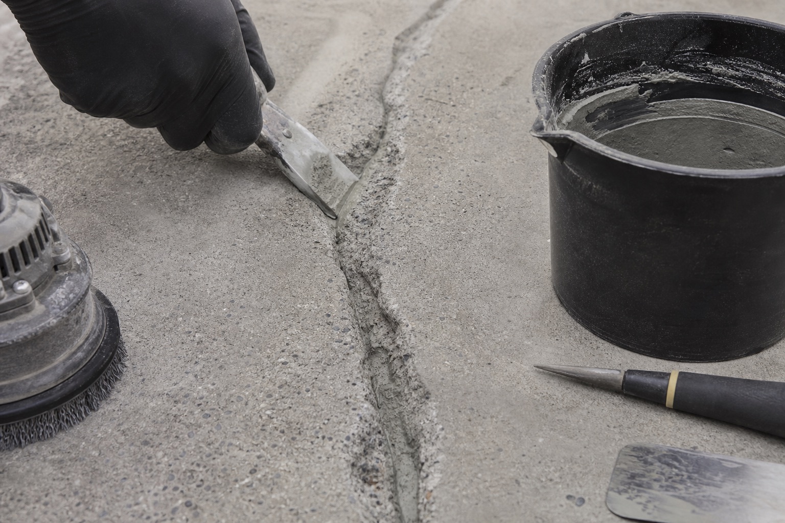 Close view of a routed concrete crack being repaired before coating